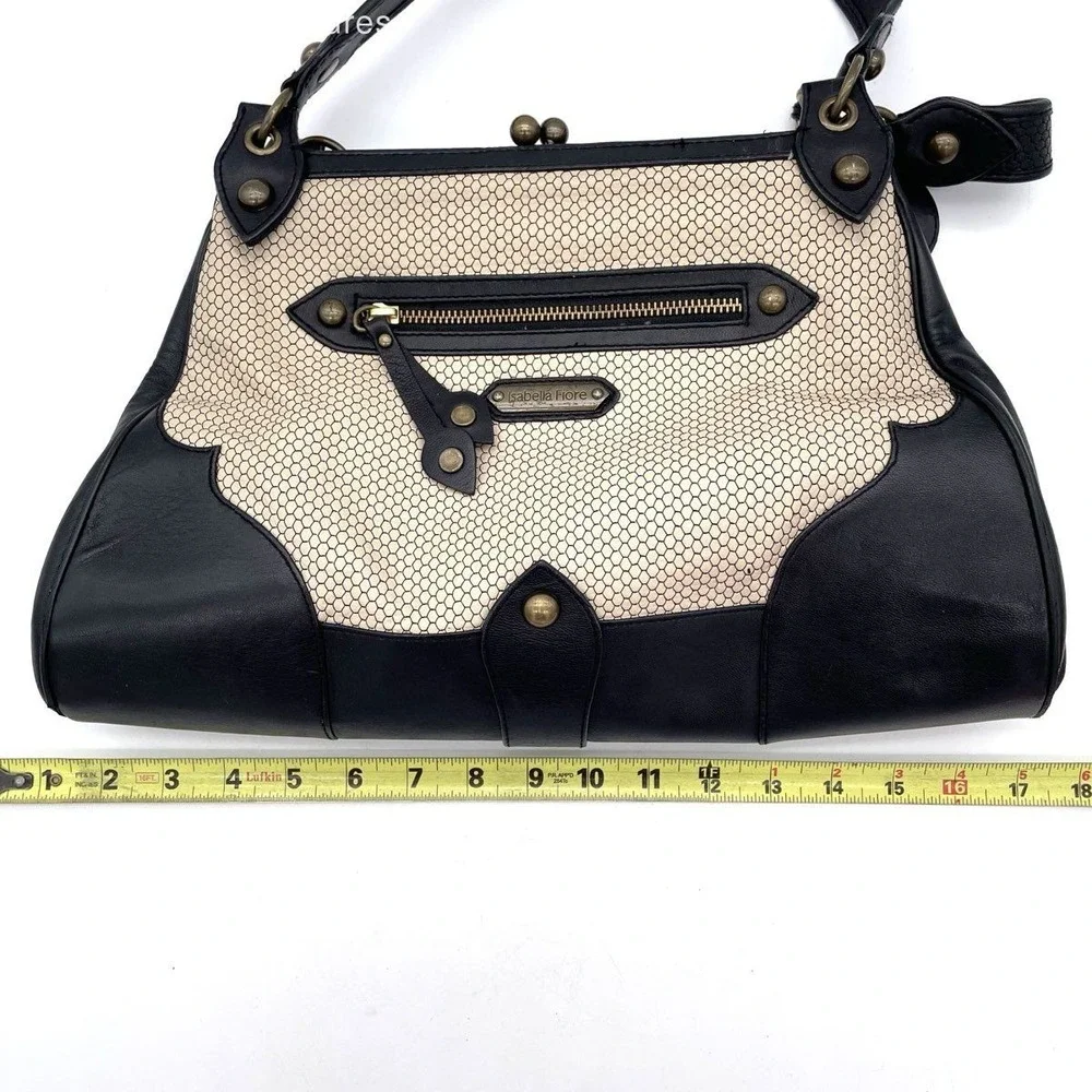 VTG Y2K Isabella Fiore Black Cream Leather Embroidered Satchel Shoulder Bag